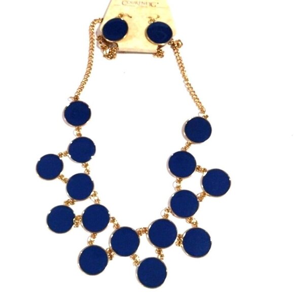 Blue Disc Statement Necklace Set – Gold Chain w/ Matching Drop Earrings Jewelry - Picture 4 of 12
